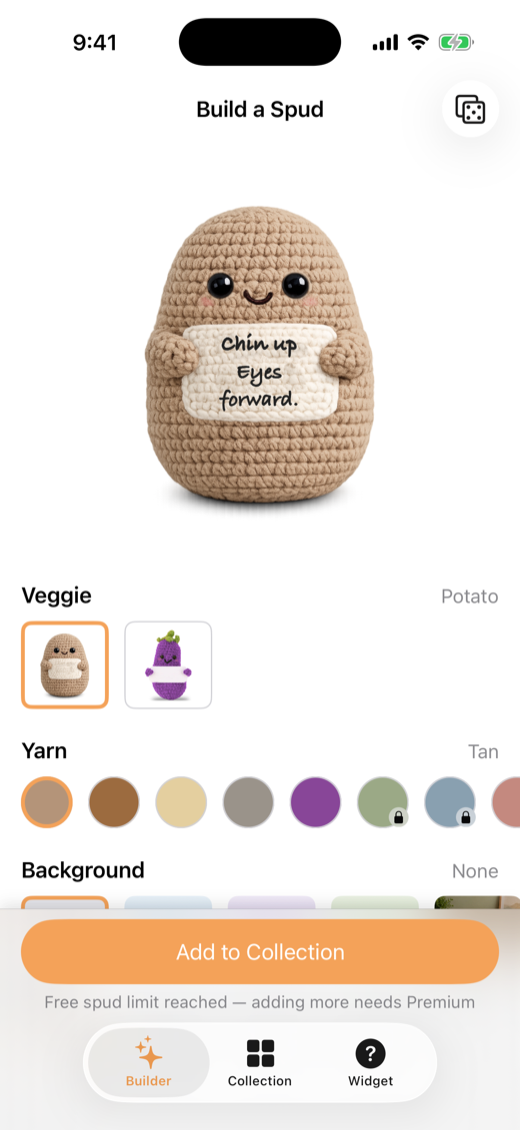 The Spud Bud builder screen, with a potato preview above veggie, yarn, and background controls