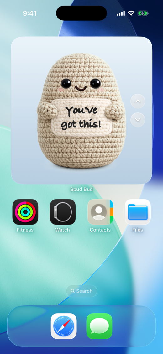 An iPhone Home Screen with a large Spud Bud widget showing a potato whose sign reads You've got this!