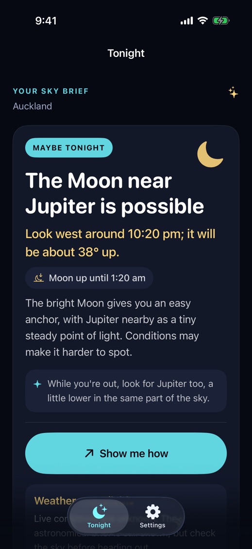 Up There's Tonight screen with a Maybe tonight verdict reading The Moon near Jupiter is possible, noting that conditions may make it harder to spot