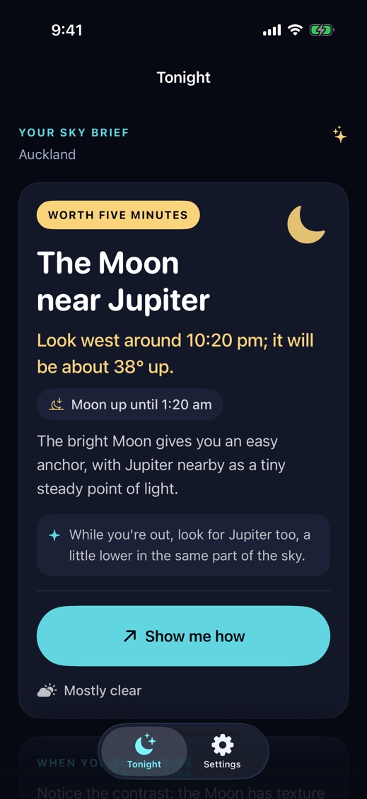 Up There's Tonight screen with a verdict card reading The Moon near Jupiter, look west around 10:20pm